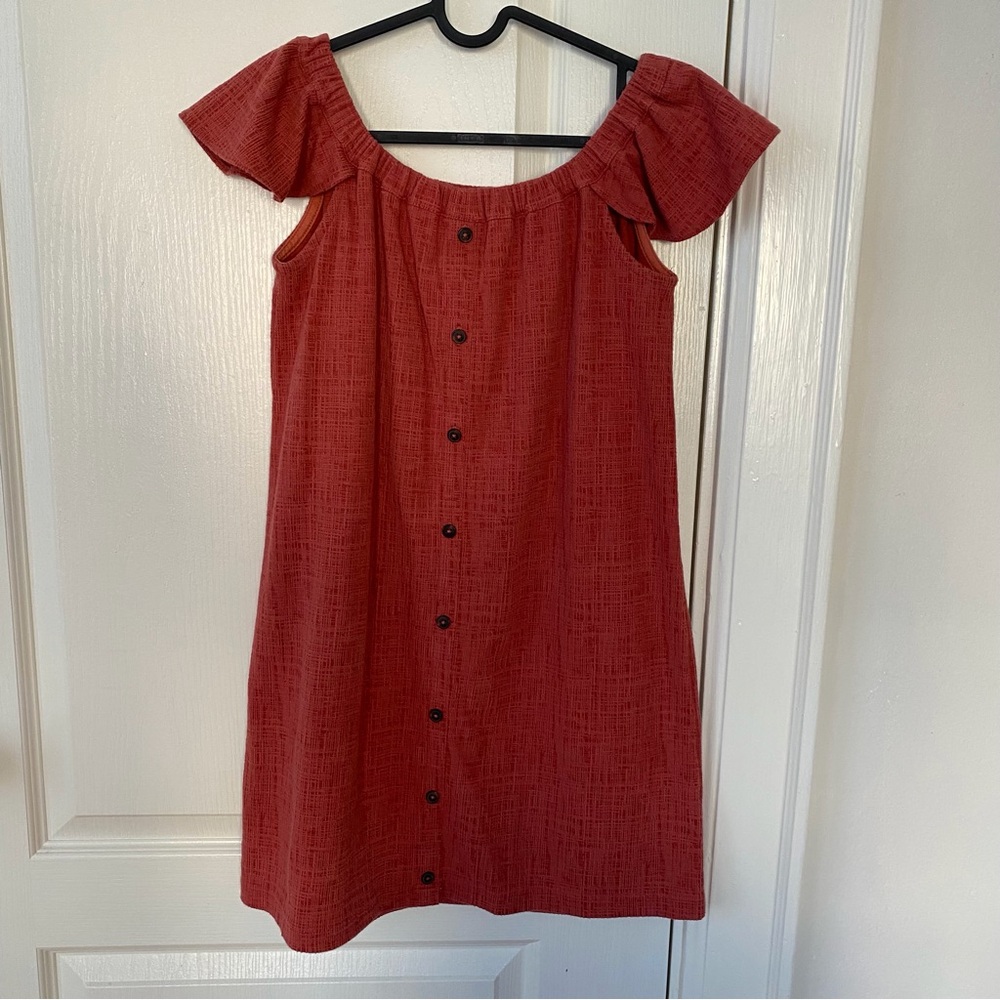 Madewell Red Texture Thread Button Front Ruffle Off-the-Shoulder Mini Dress XS - Picture 4 of 14